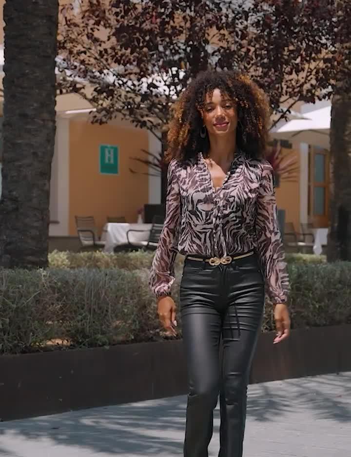 Video of sosandar-animal-print-metallic-thread-tie-neck-blouse-brown