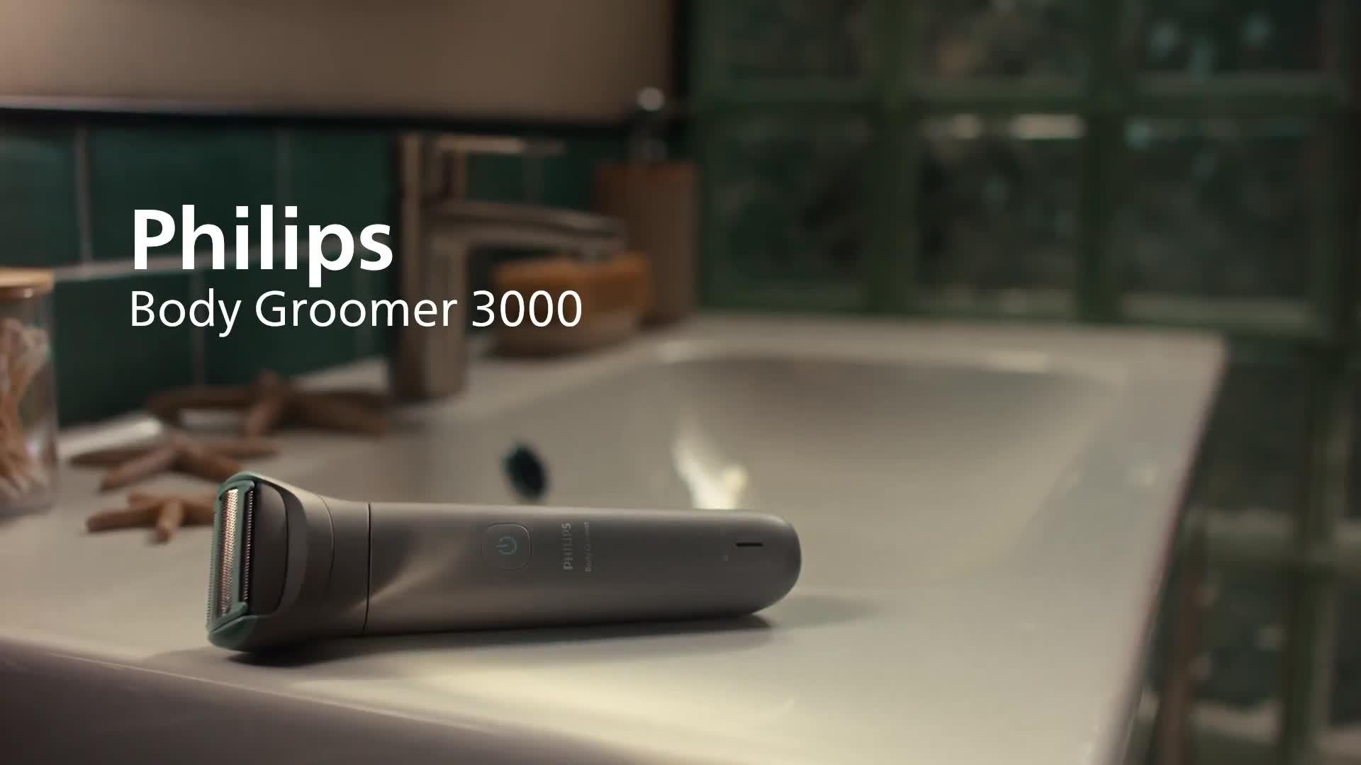 Video of philips-body-groomer-3000-series-triple-protect-shave-system-intimate-trim-shave-close-and-smooth-on-skin-100-showerproof-bg348515