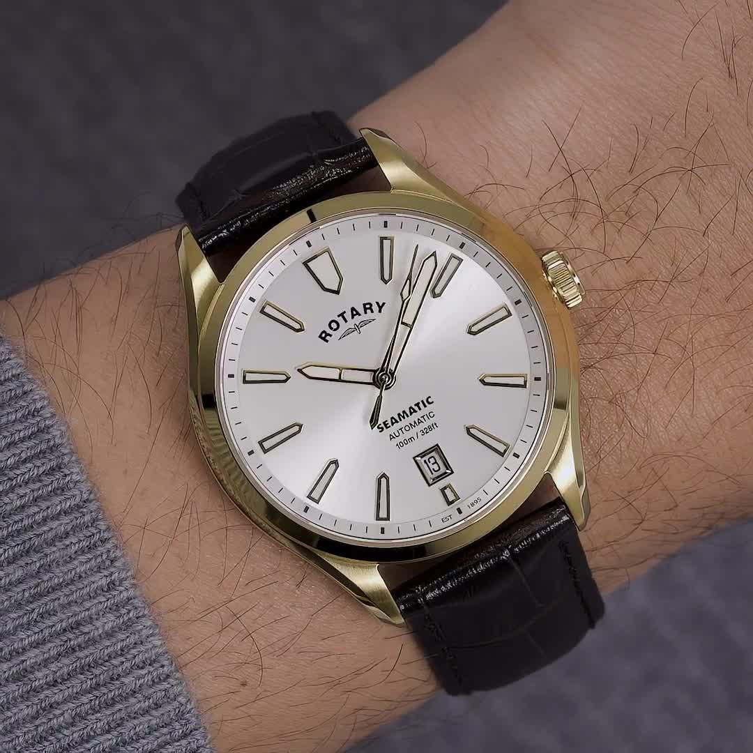 Video of rotary-mens-seamatic-gp-brown-strap-silver-white-dial-100m