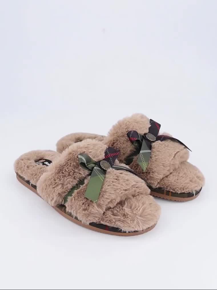 Image thumbnail 7 of 7 of Barbour Womens Eleanora Faux-Fur Tartan Bow Mule Slippers - Brown
