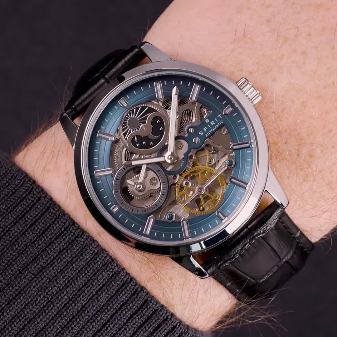 Image thumbnail 7 of 7 of Spirit Gents Silver Sun Moon Automatic Black Leather Strap Watch