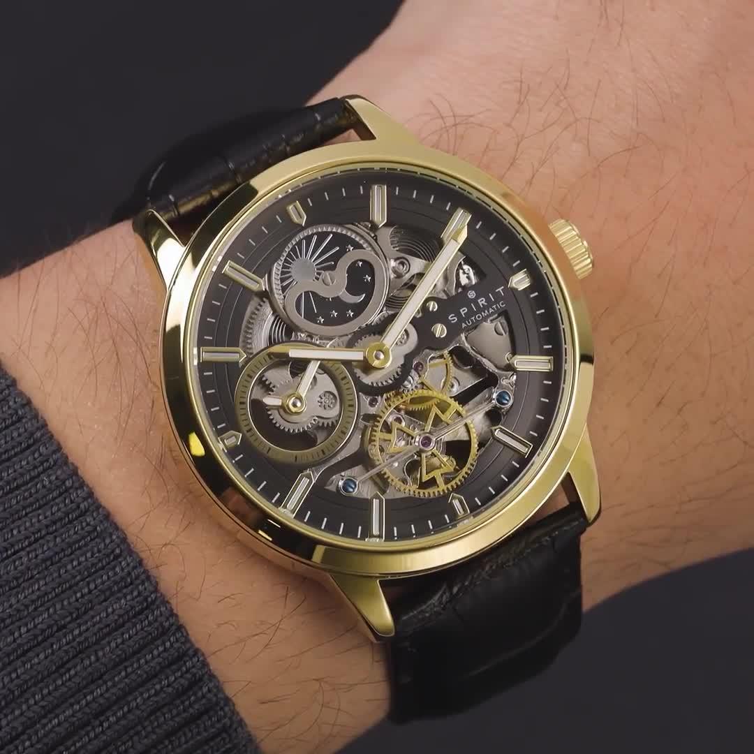 Image thumbnail 7 of 7 of Spirit Gents Gold plated Sun Moon Automatic Black Leather Strap Watch