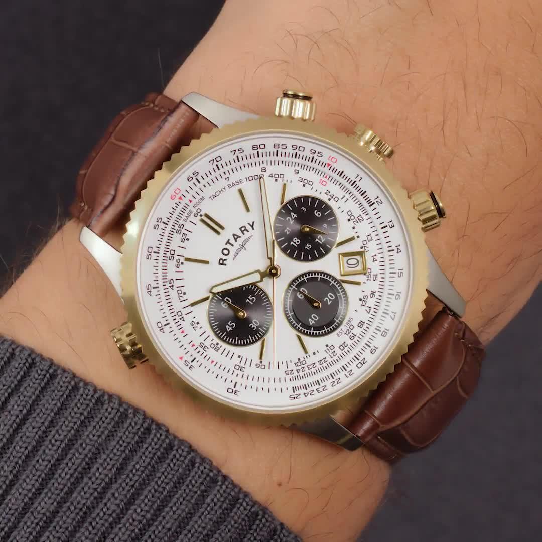 Image thumbnail 7 of 7 of Rotary Men's Pilot Chronograph White Dial Gold Plated Stainless Steel Brown Leather Strap Watch